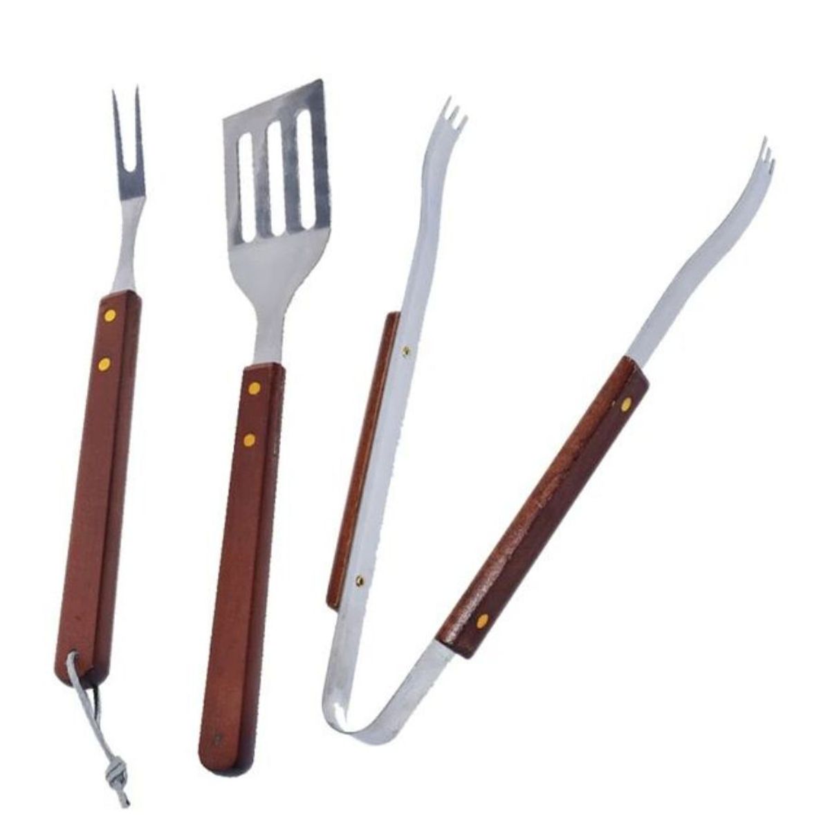 GENERICO - Set Parrillero Pinza Tenedor Espatula Mango Madera Asado