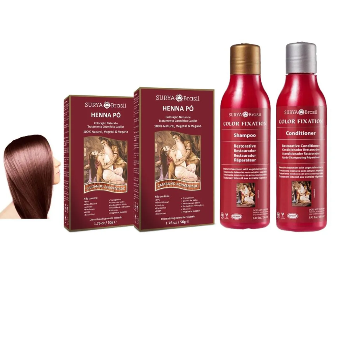 SURYA BRASIL - Henna en Polvo castaño ceniza x2  y tratamiento fijación color.