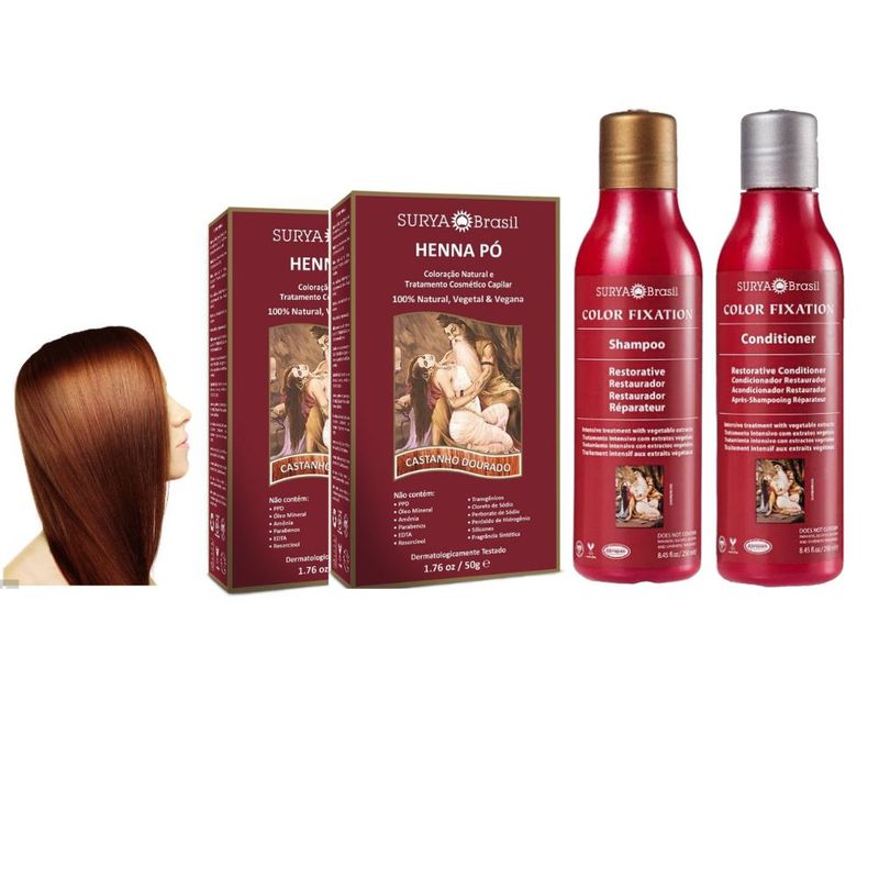 SURYA BRASIL - Henna en Polvo castaño dorado x2  y tratamiento fijación color.