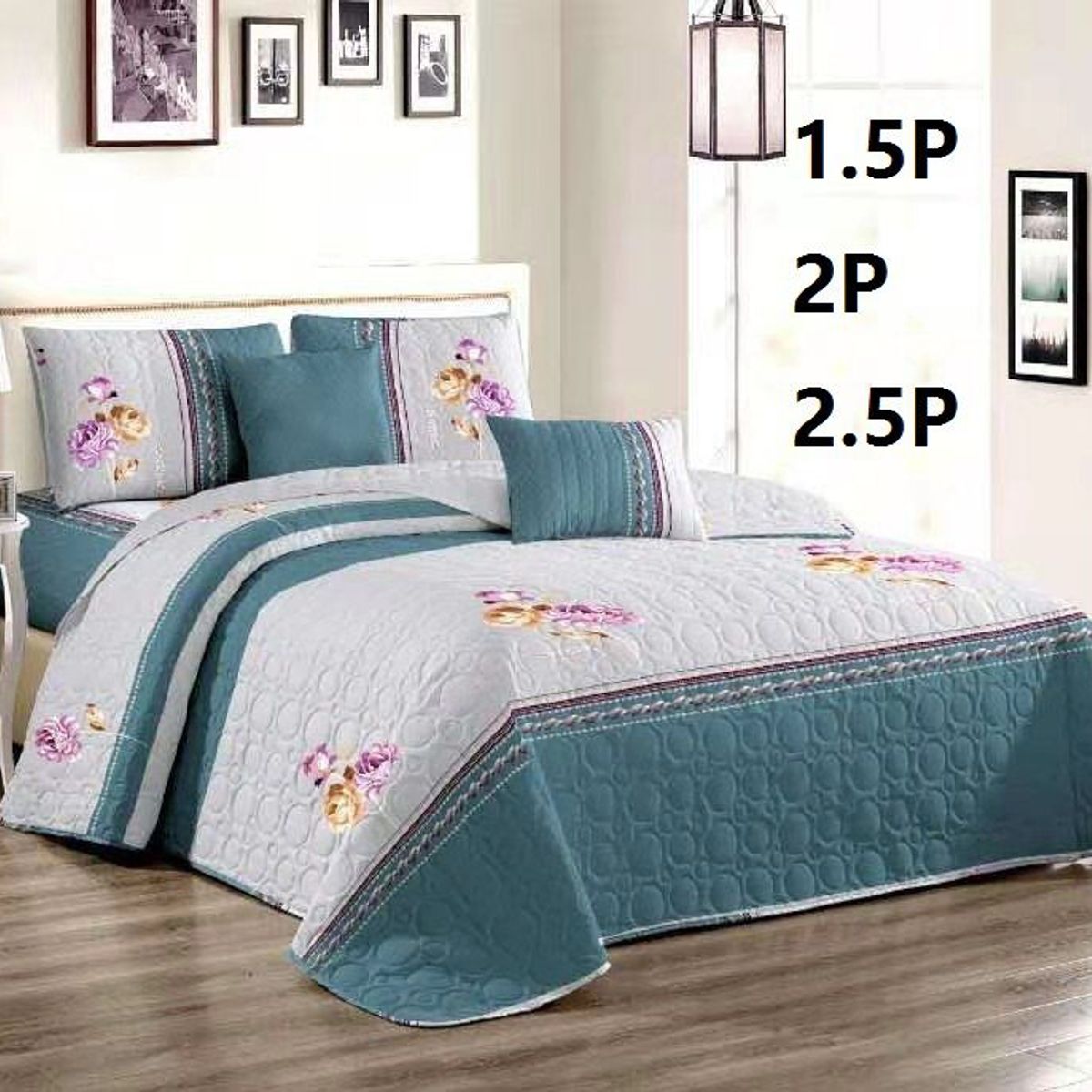 GENERICO - Quilt de Verano 2 plazas. Gris con Diseño Verde