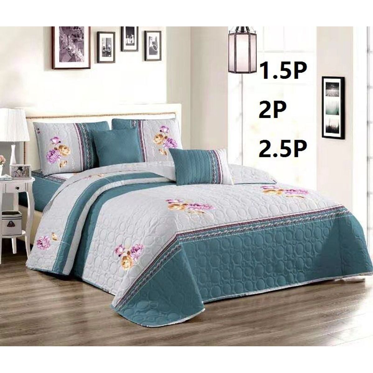 GENERICO - Quilt de Verano 2 plazas. Gris con Diseño Verde
