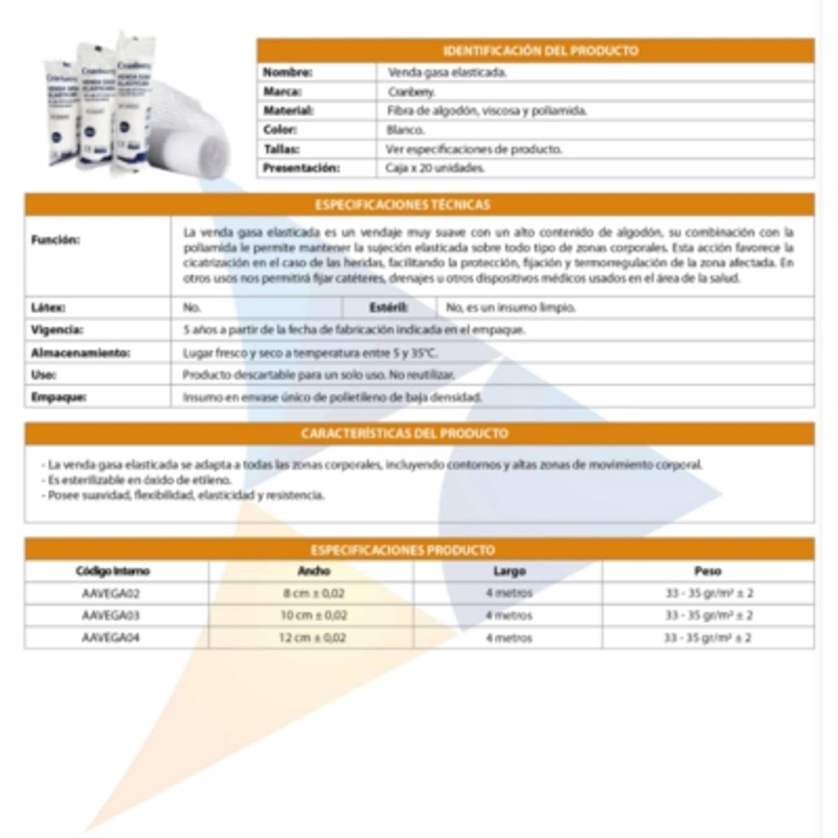 CRANBERRY - Venda Gasa Elasticada Blanca 8 Cm X 4 Mts - Caja X20 Unid.