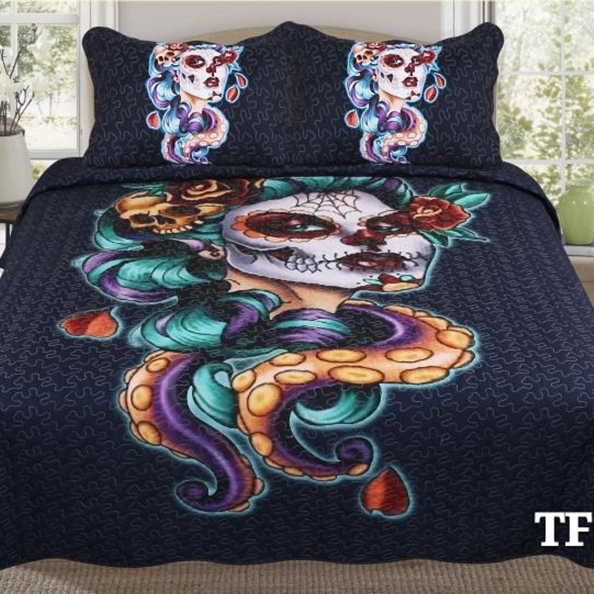 GENERICO - Quilt de Verano 2 plazas. Negro con Diseño TF518