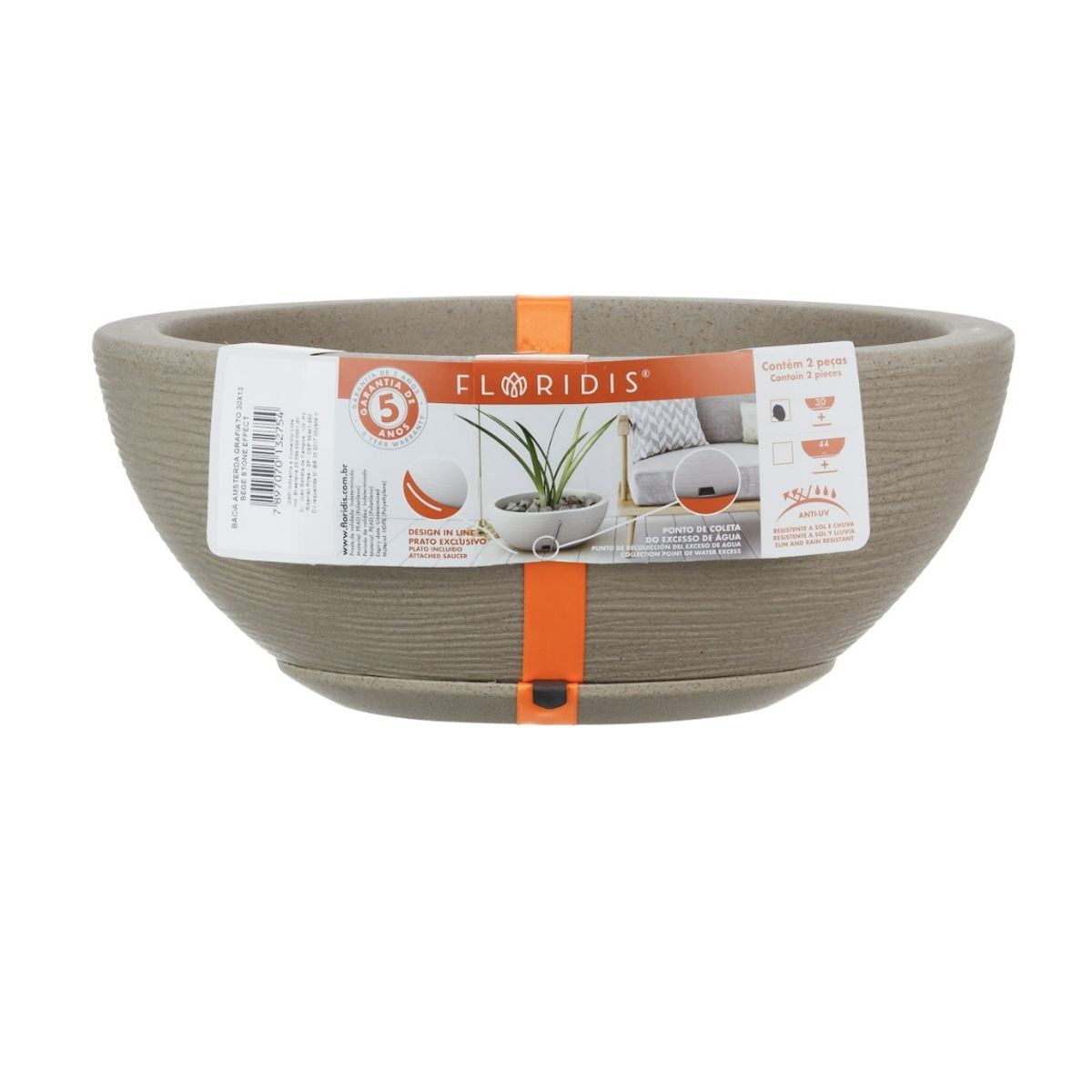 FLORIDIS - MACETERO FLORIDIS BEIGE EFECTO PIEDRA BOWL 13CM ALTO CON PLATO