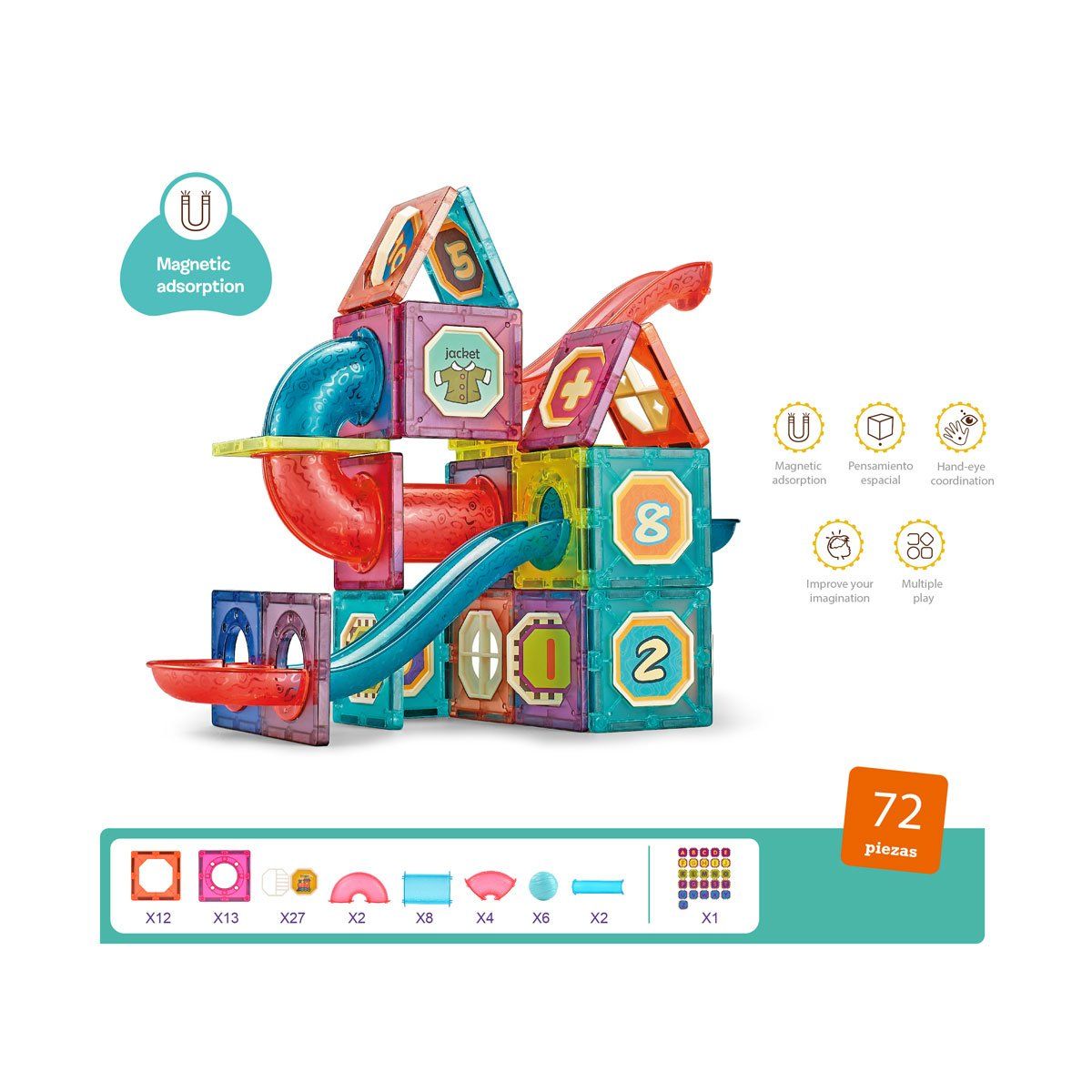 MAGNETICS - Bloques Magneticos con Toboganes 72 Piezas