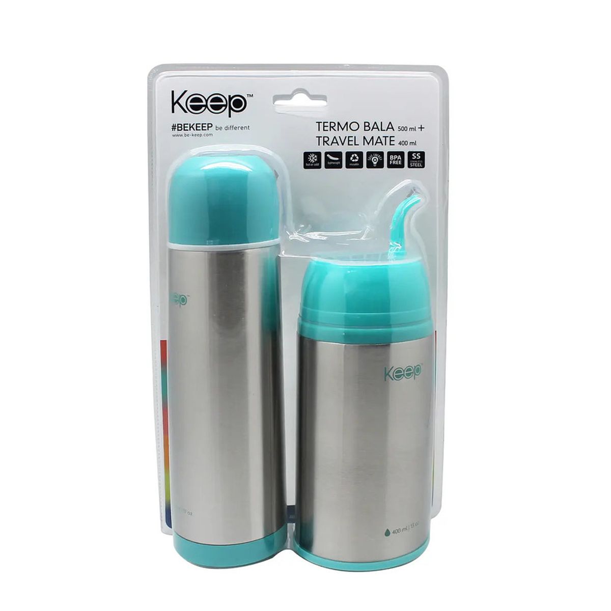 KEEP - SET TERMO BALA + TERMO TRAVEL MATE KEEP COLOR CELESTE
