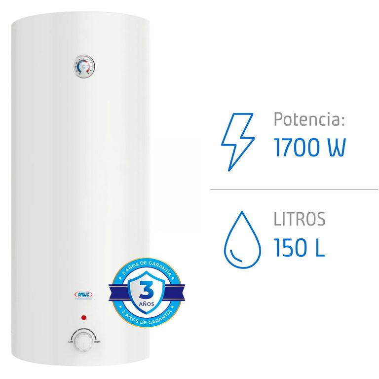 Termo Electrico 150L 1700W Mural  4 a 5 Duchas, Bajo Consumo, Anti Sarro