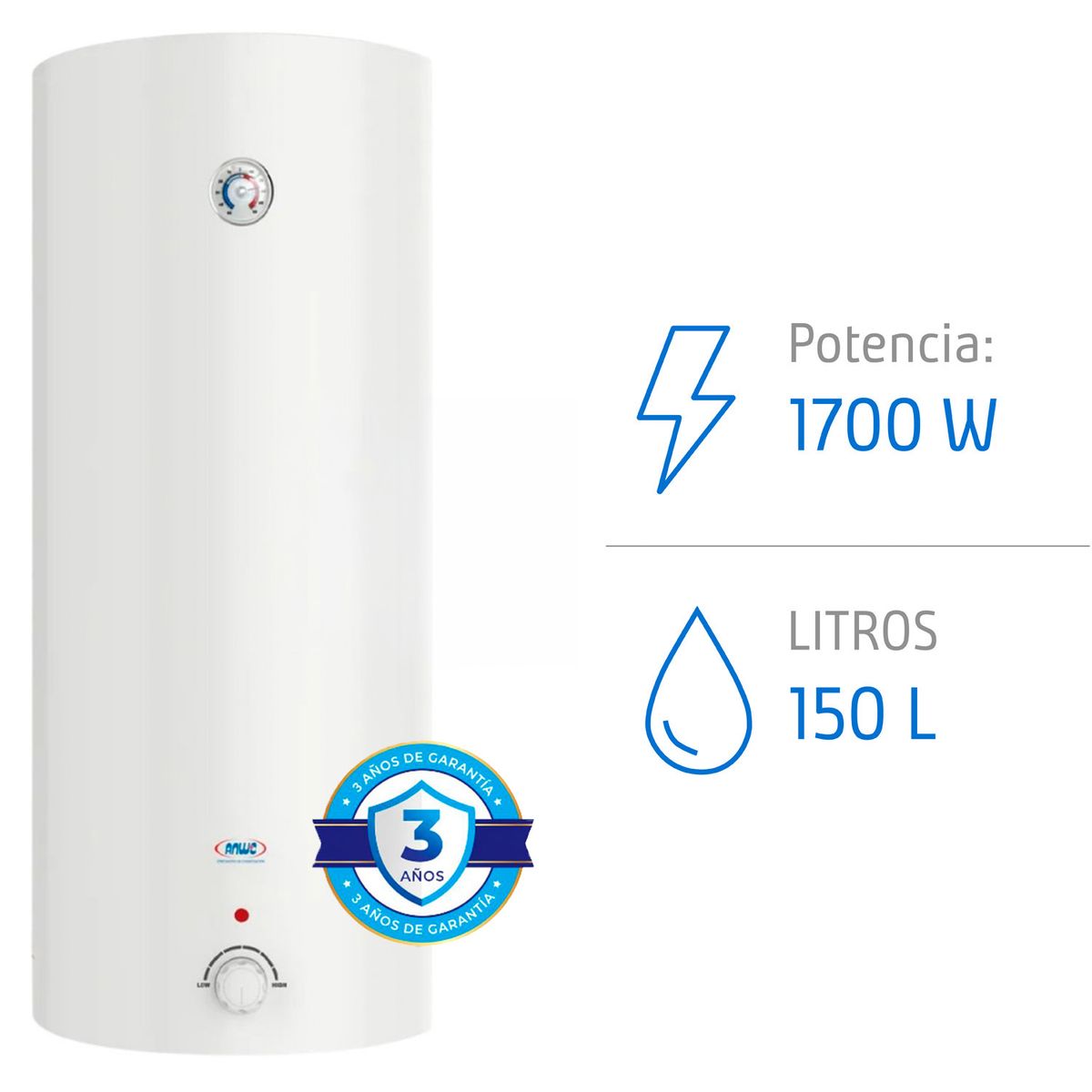 ANWO - Termo Eléctrico 150L Anwo 1700W Mural – 4 a 5 Duchas, Bajo Consumo, Anti Sarro