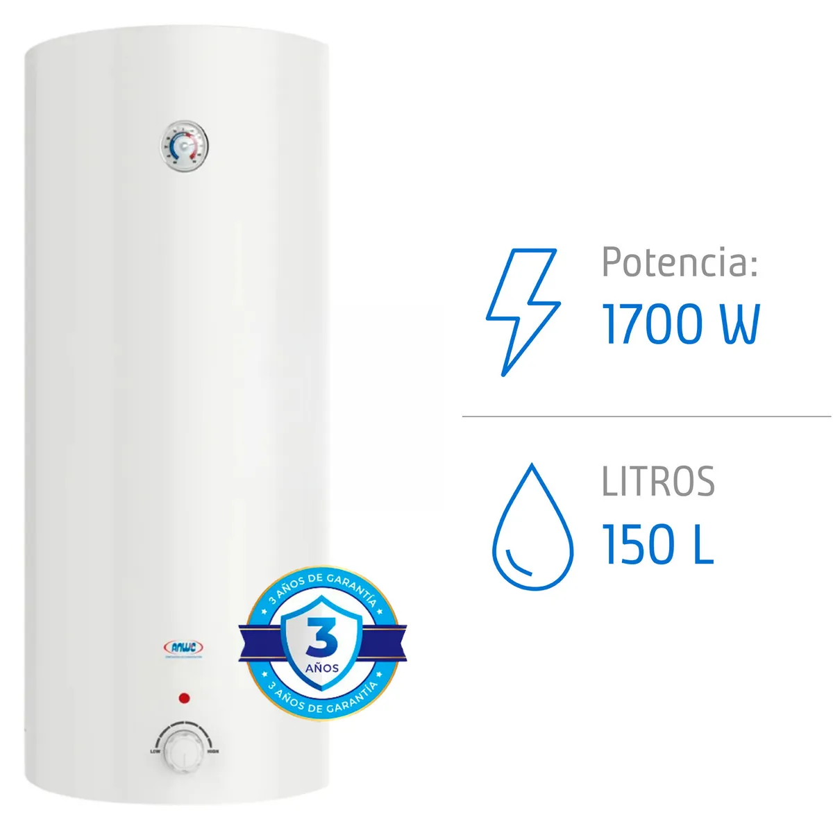 ANWO - Termo Eléctrico 150L Anwo 1700W Mural – 4 a 5 Duchas, Bajo Consumo, Anti Sarro