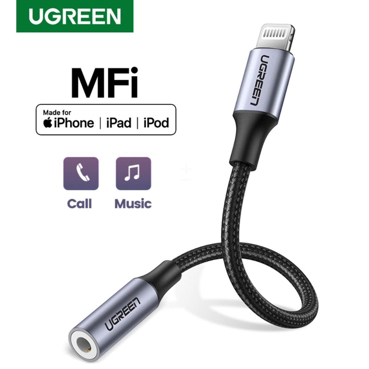 UGREEN - Adaptador De Audio Lightning/Jack 3.5mm Estereo Mfi Certified Negro Ugreen Us211