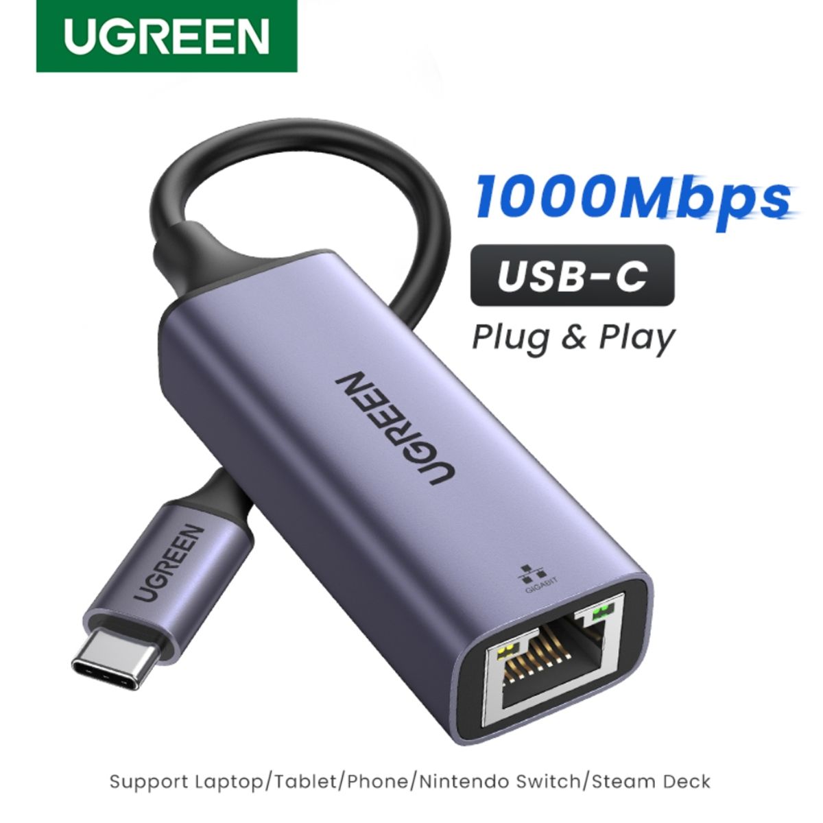UGREEN - Adaptador Para Internet Usb-C 3.1 / Rj45 Gigabit 10/100/1000 Aluminio Silverugreen Cm199