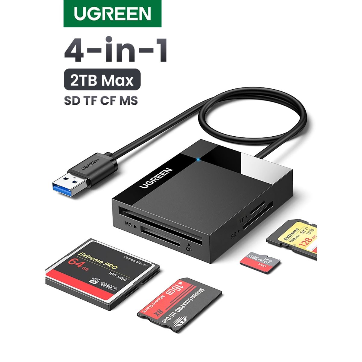 UGREEN - Lector 4en1 Multi-Tarjeta De Memoria Usb-A 3.0 (Sd/Microsd/Cf/Ms) 50cm Negro Ugreen Cr125