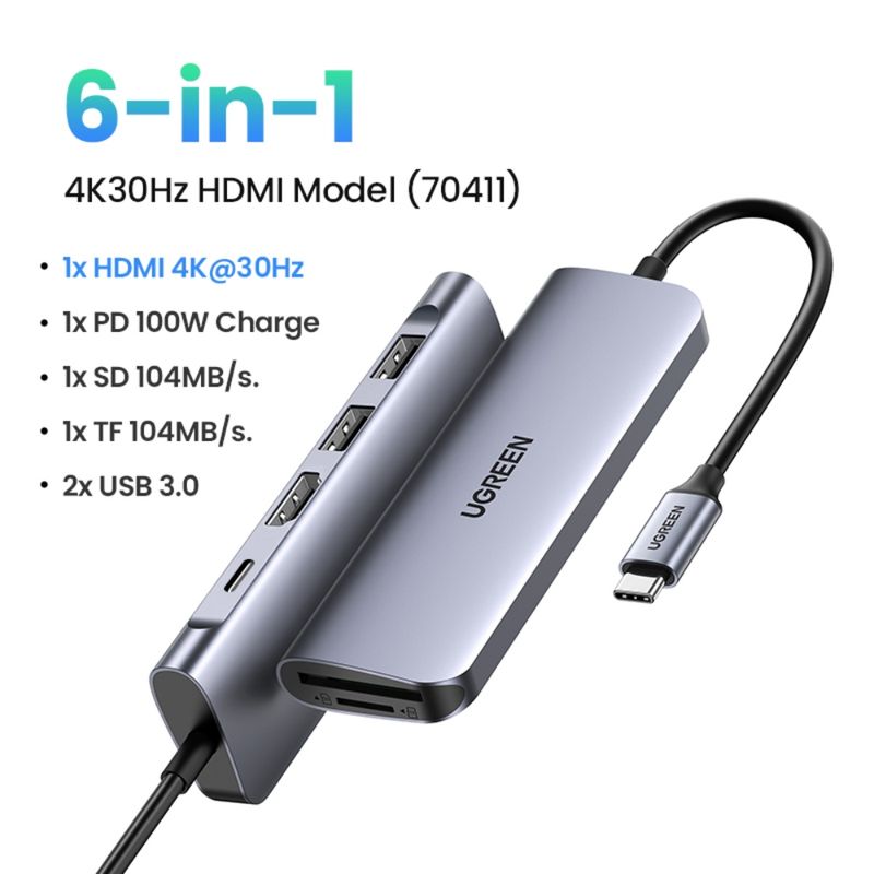 UGREEN - Multipuerto Usb-C / (1hdmi 4k/30hz)+(2usb 3.0)+(Sd/Microsd)+(Inusb-C Pd) Ugreen Cm195