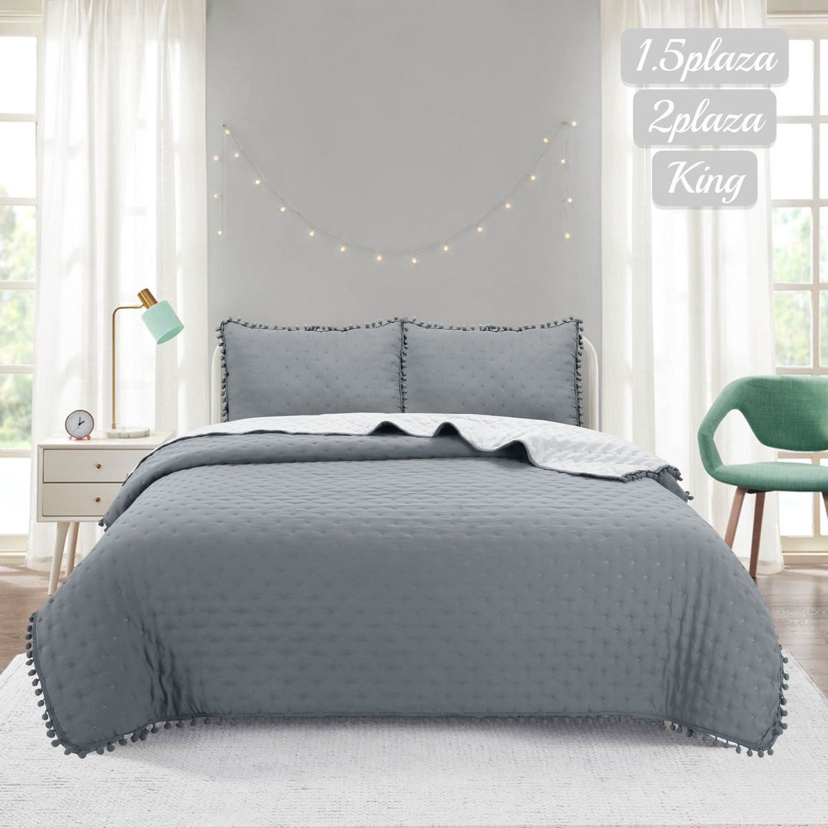 ANGELES DEL HOGAR - Cubrecama Quilt 100% Algodón con Pompón 2 Plazas