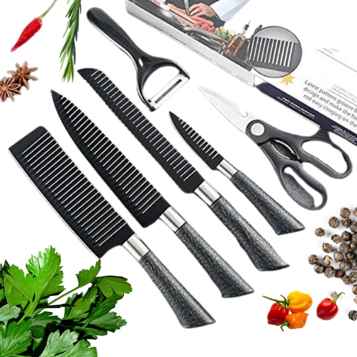 GENERICO - Set De 6 Cuchillos Juego Cuchillos Cocina Tijera Pelador Pro