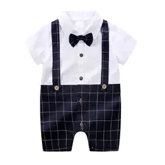ANGO - Enterito bebe VERANO Gentleman Camisa Pant Azul Cuadrille Susp