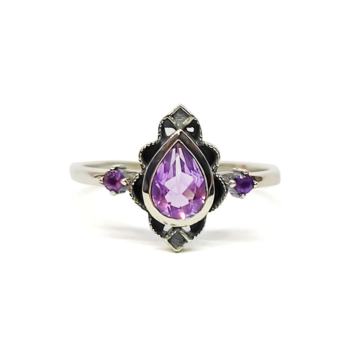 COGGIOLA - Anillo Loto Amatista Plata Fina 925 Envejecido