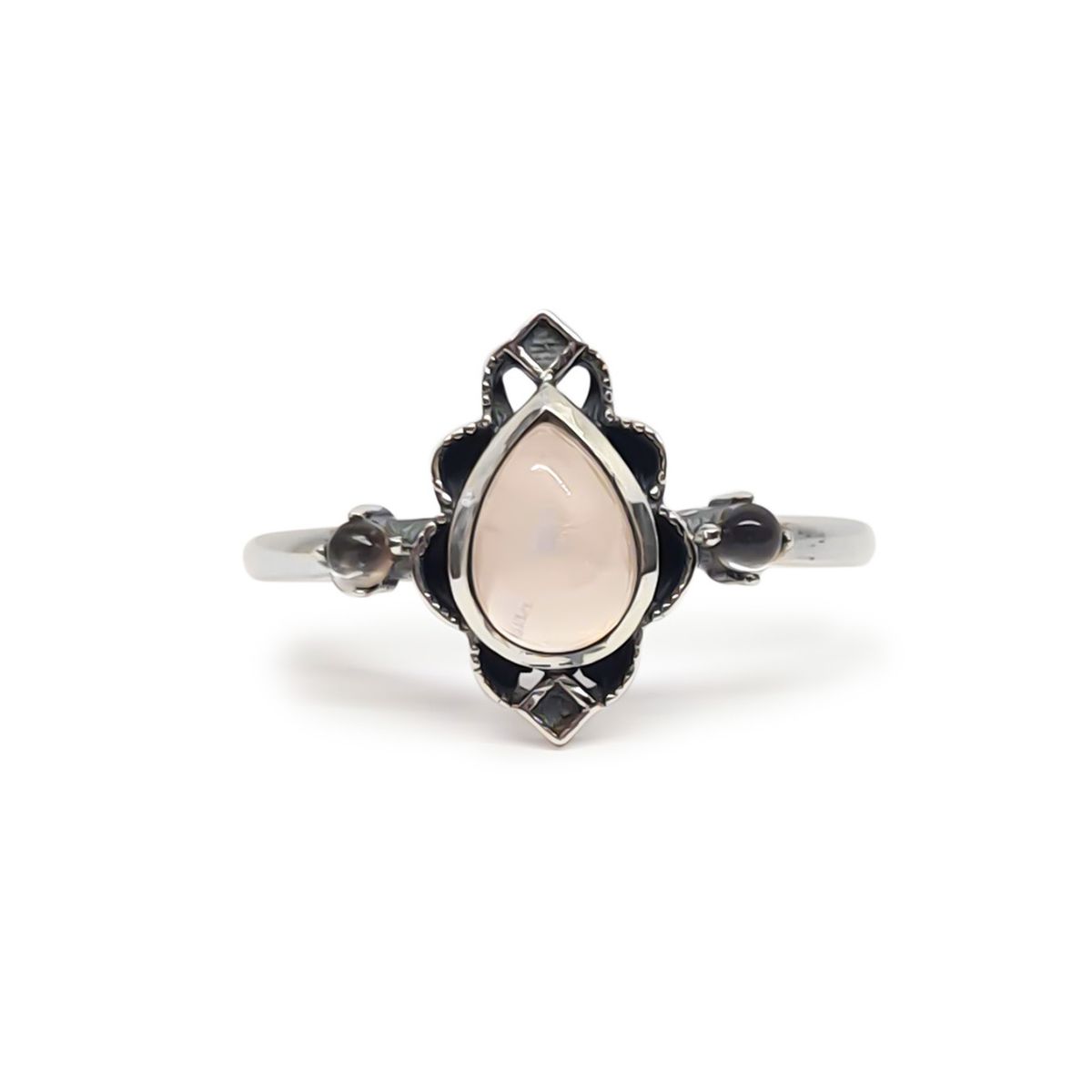 COGGIOLA - Anillo Loto Cuarzo Rosa  Plata Fina 925 Envejecido