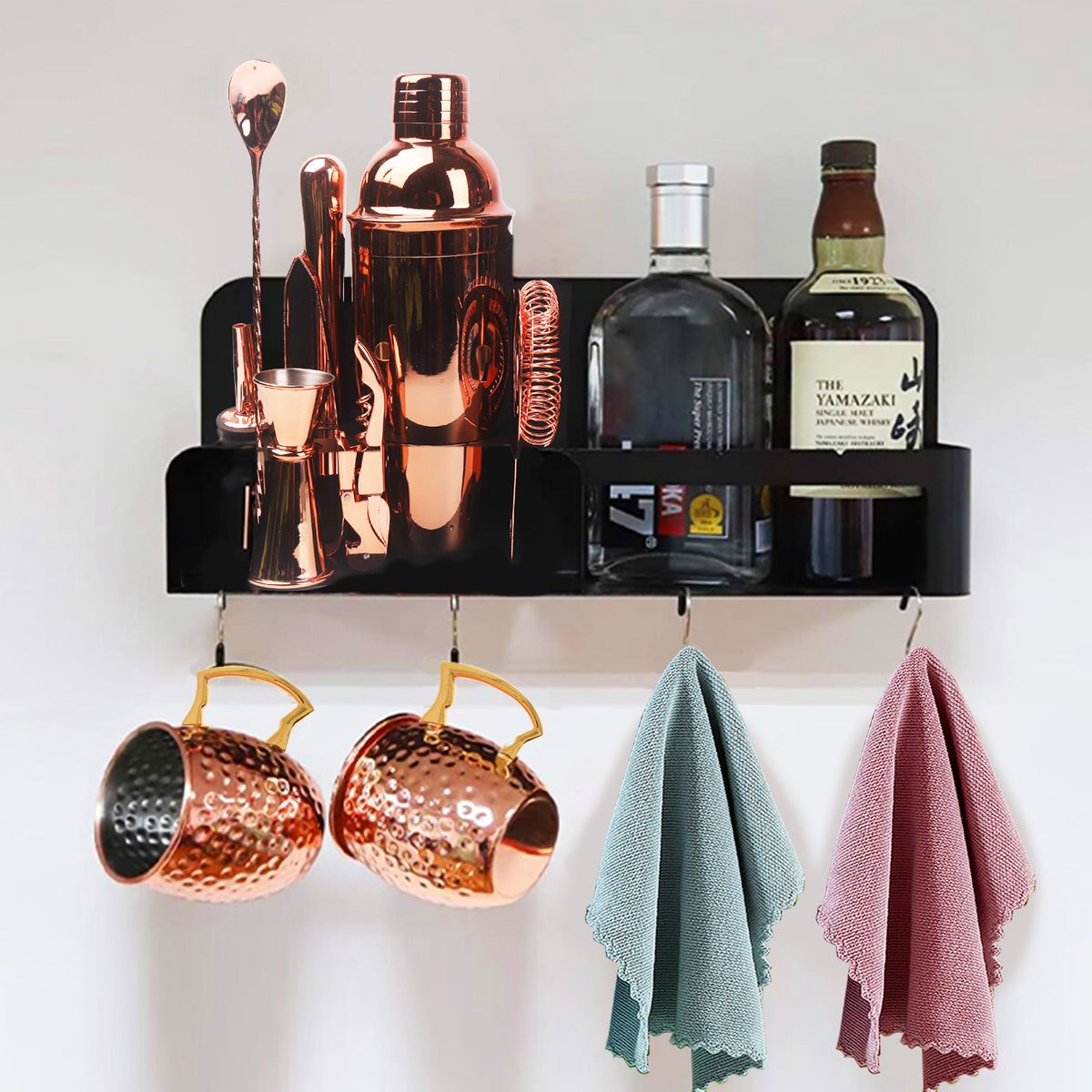 GENERICO - Set mug coctelera cobre18 pcs incluye rack para colgar en pared