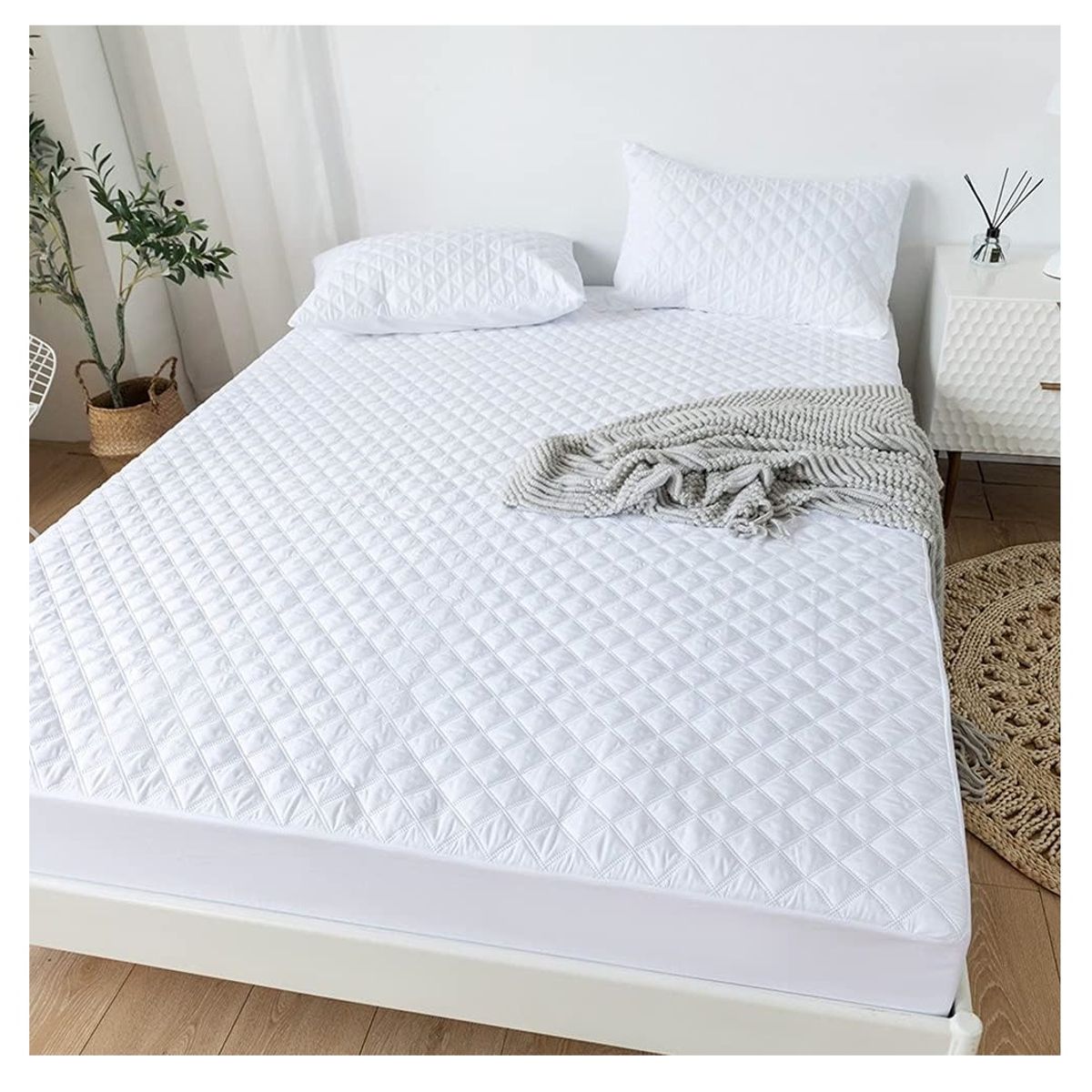 GENERICO - Cubre Colchon 2 Plaza + 2 Fundas Protector Colchon 150x200 Blanco