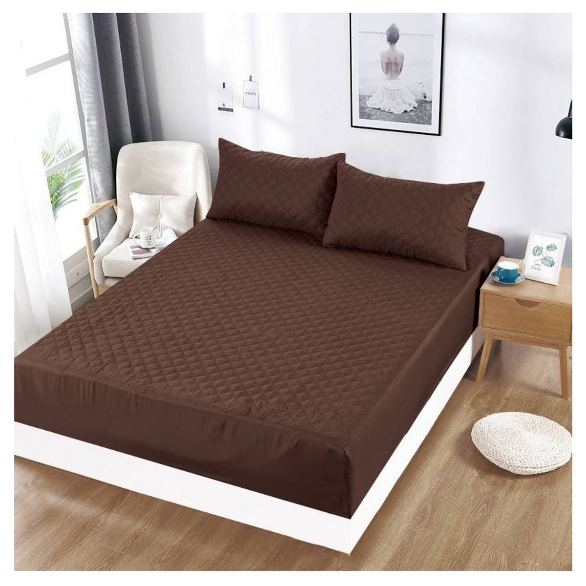 GENERICO - Cubre Colchon 2 Plaza + 2 Fundas Protector Colchon 150x200 Marron