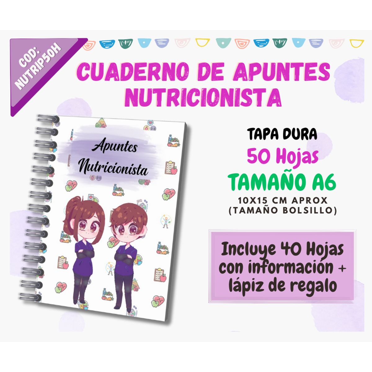 GENERICO - CUADERNO DE APUNTES NUTRICIONISTA A6 - 50 HOJAS