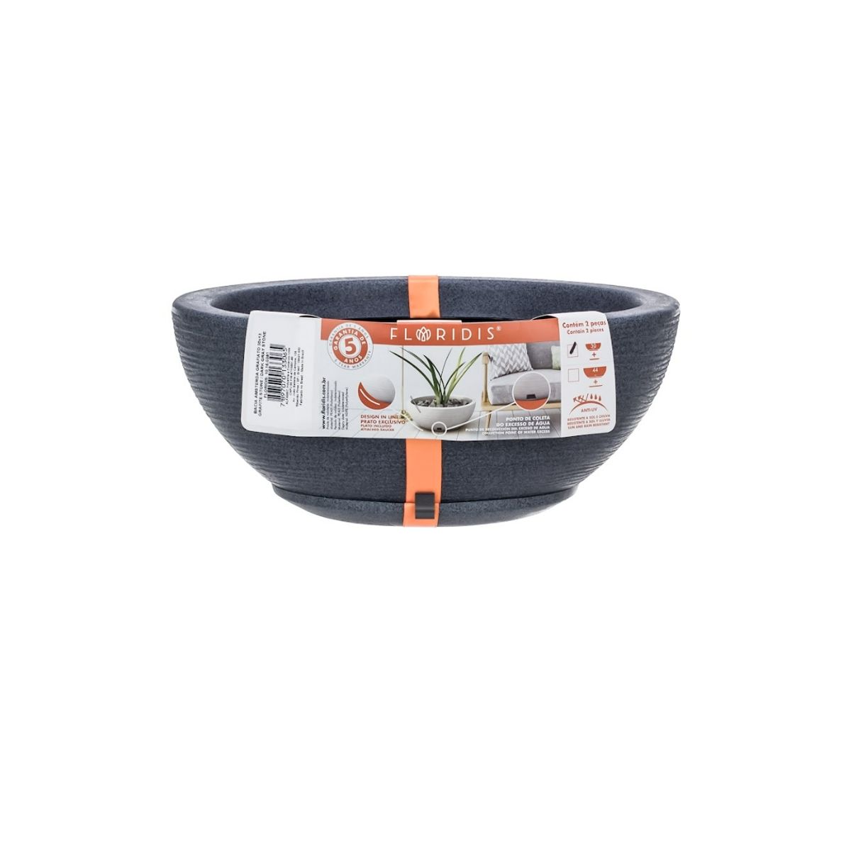 FLORIDIS - MACETERO FLORIDIS GRAFITO BOWL 13CM ALTO CON PLATO