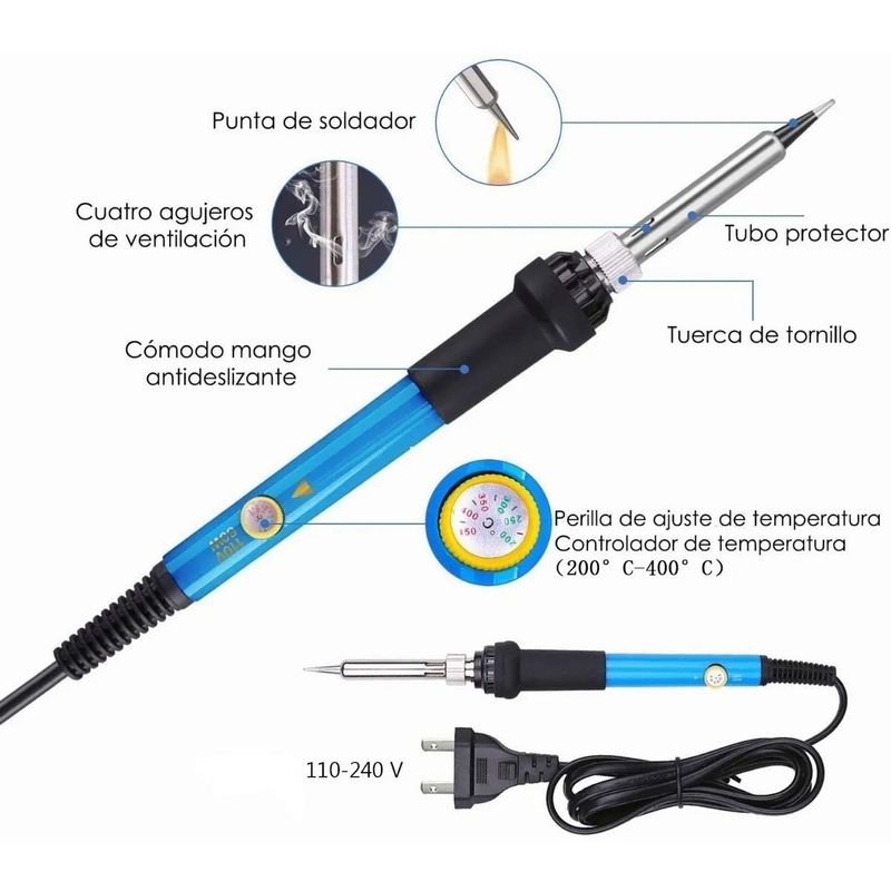 GENERICO - Kit Cautín Soldador 220v 60w Regulable 5 Puntas 15 Pcs
