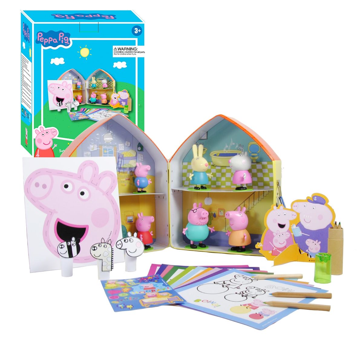 PEPPA PIG - Peppa Pig Juguetes, Casa de Peppa Pig con 6 Figuras + Lonchera. Incluye Set de Manualidades