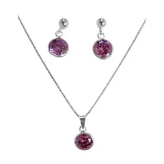 GENERICO - Conjunto Aros Colgantes Collar Punto Luz Morado Plata 925