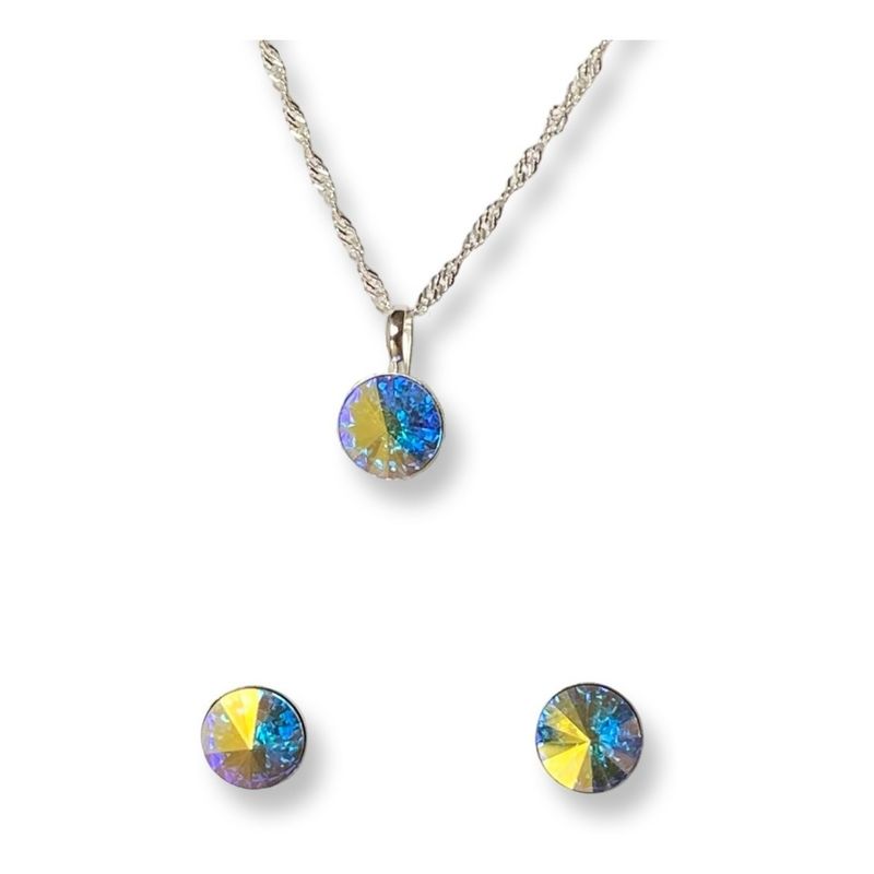 GENERICO - Conjunto Punto De Luz Swarovski Tornasol Aros Collar Plata