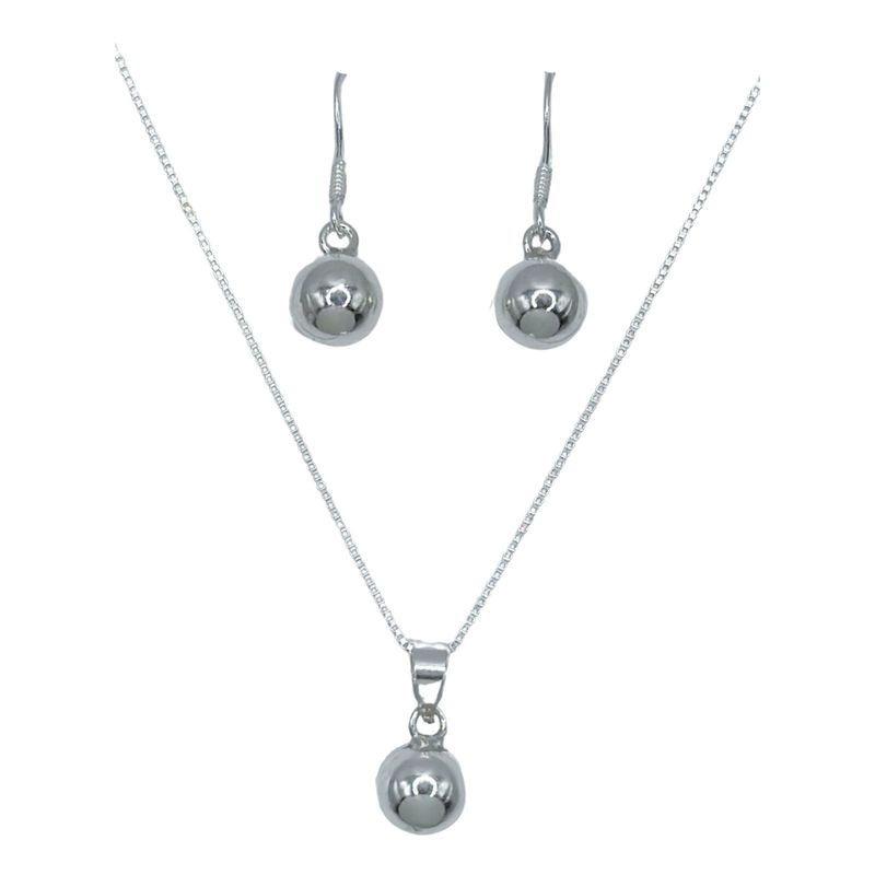 GENERICO - Conjunto Collar Aros Bolita Pelotita Esfera 8 Mm Plata 925
