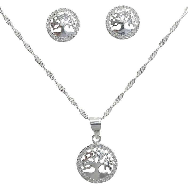 GENERICO - Conjunto Aros Collar Árbol De La Vida Circon Plata 925 Caja