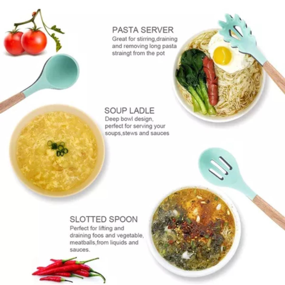GENERICO - Juego De 12 Utensilios De Cocina Silicona Turquesa