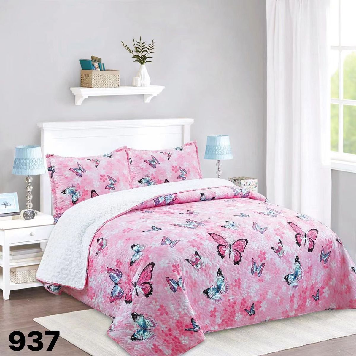 GENERICO - Cubrecama Quilt Sherpa 1 1/2 Plazas - Rosado Mariposa M937