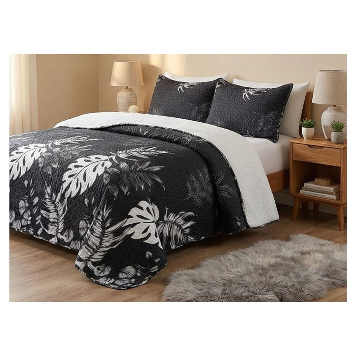 GENERICO - Cubrecama Quilt Sherpa King - Negro Hojas M917