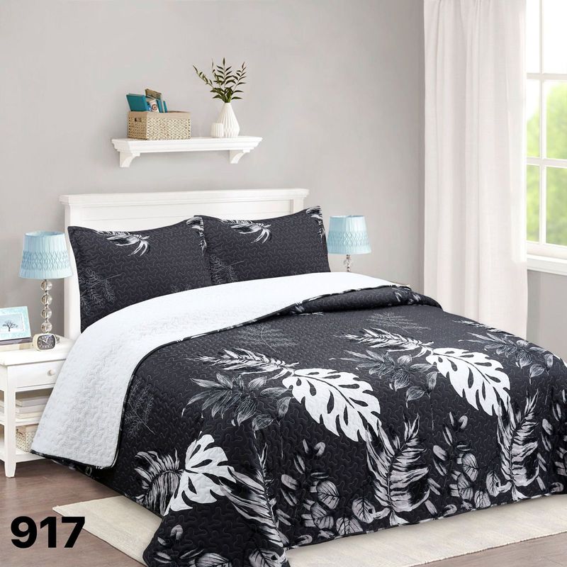 GENERICO - Cubrecama Quilt Sherpa King - Negro Hojas M917