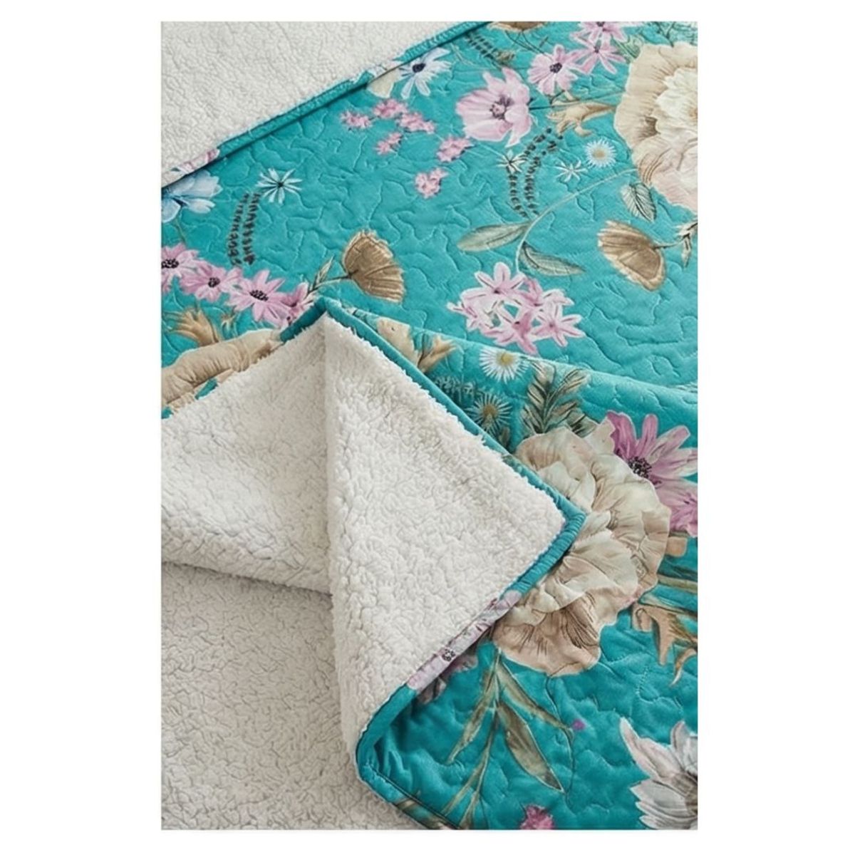 GENERICO - Cubrecama Sherpa King - Turquesa Flores M915_.