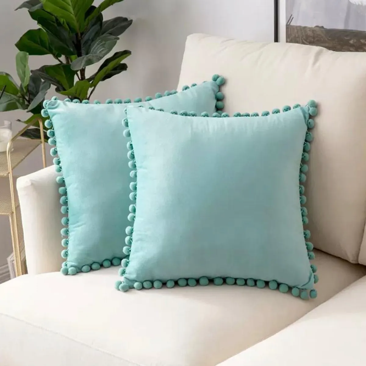GENERICO - Fundas de cojín con pompones 45 x 45 cm - celeste,pack dos