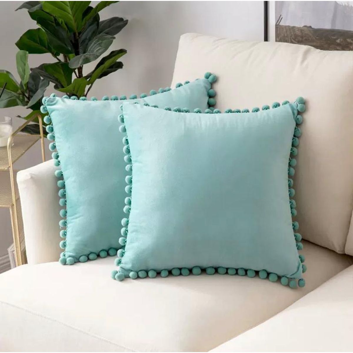 GENERICO - Fundas de cojín con pompones 45 x 45 cm - celeste,pack dos