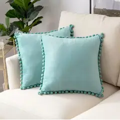 GENERICO - Fundas de cojín con pompones 45 x 45 cm - celeste,pack dos