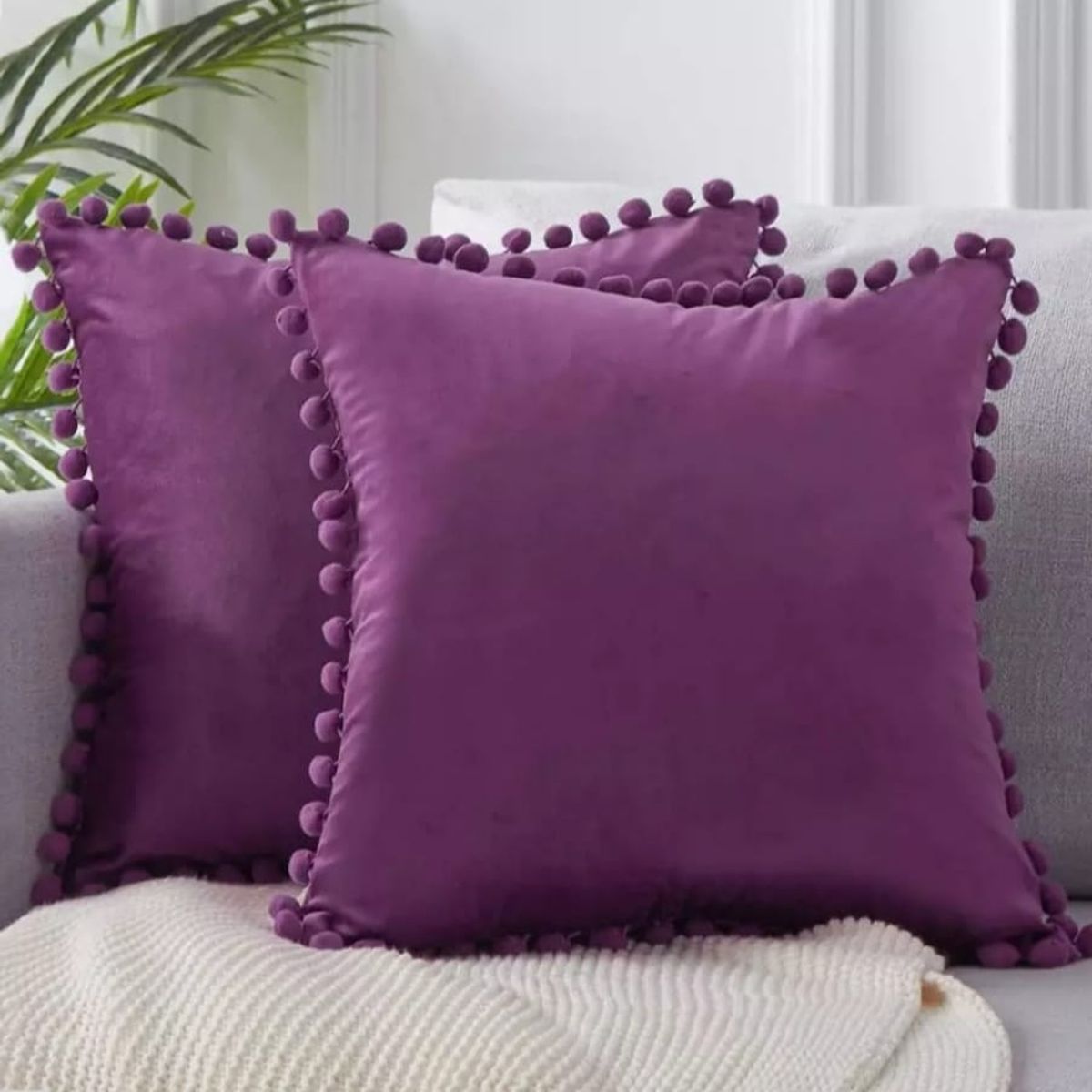 GENERICO - fundas de cojín pompones 45 x 45 cm - morado, pack dos