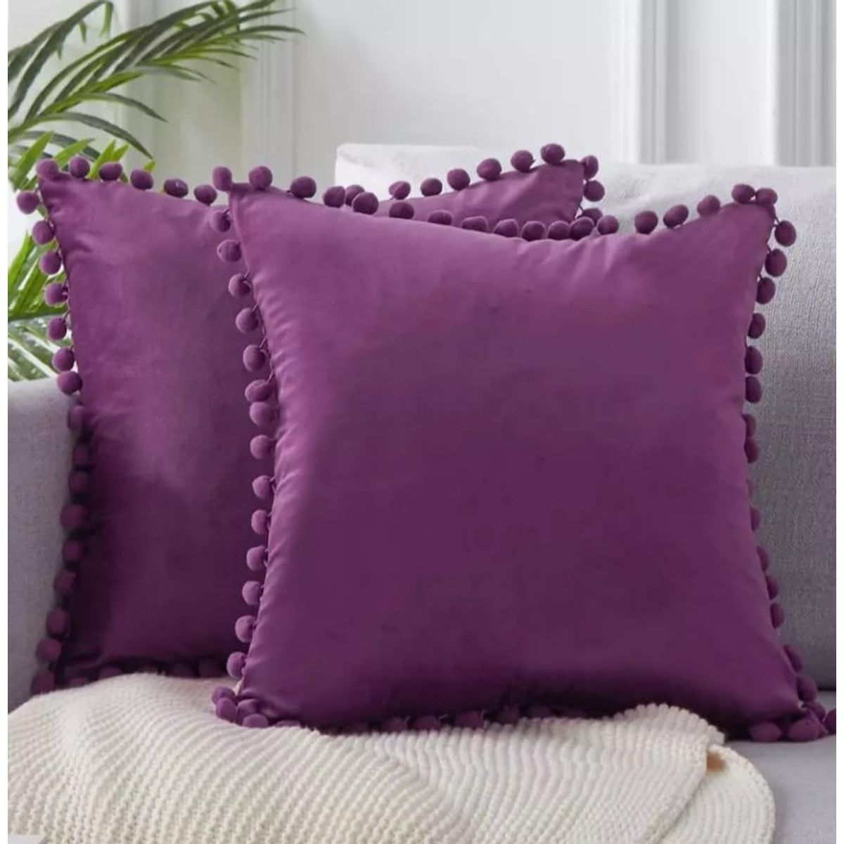 GENERICO - fundas de cojín pompones 45 x 45 cm - morado, pack dos