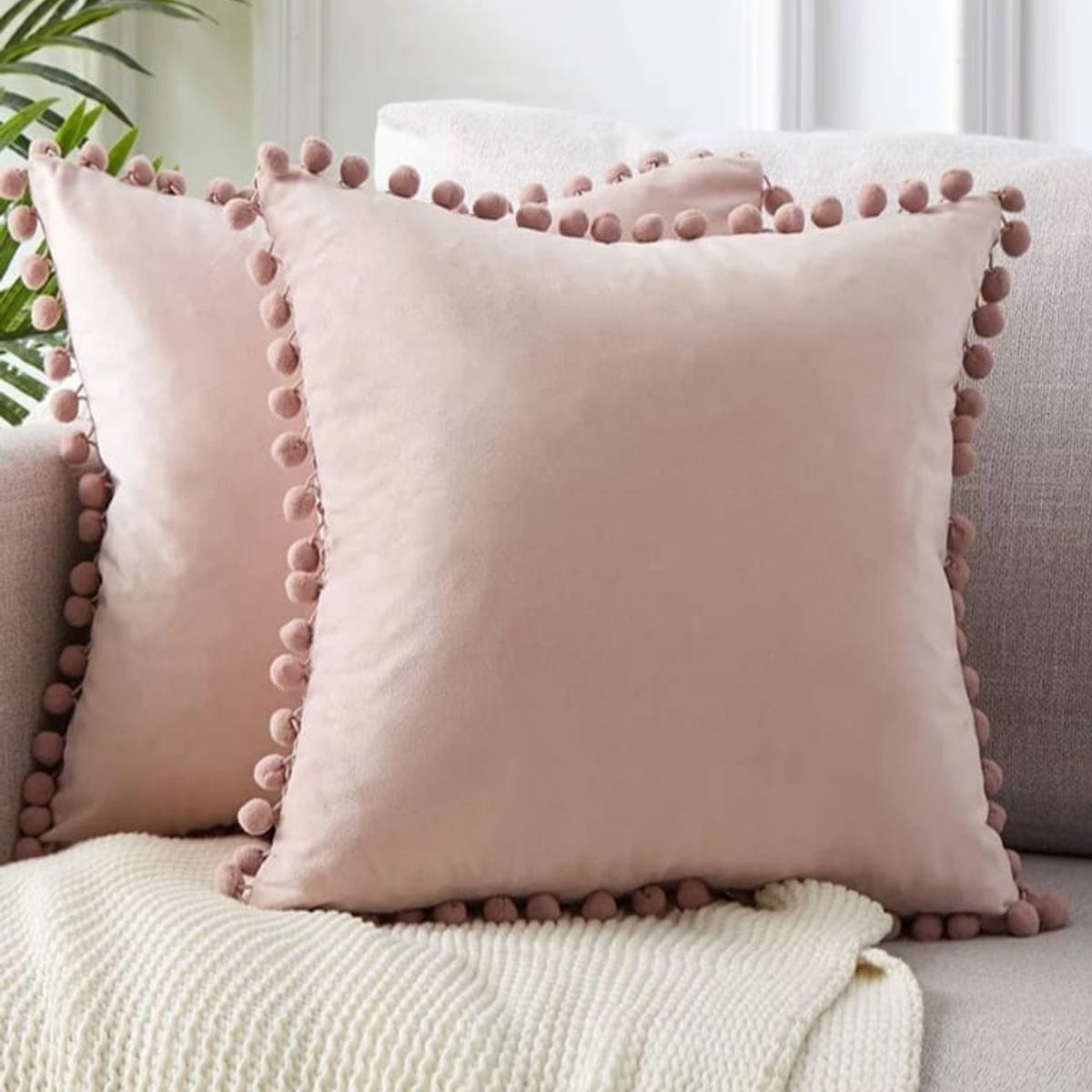 GENERICO - Fundas de cojín con pompones 45 x 45 cm - Palo rosa pack dos