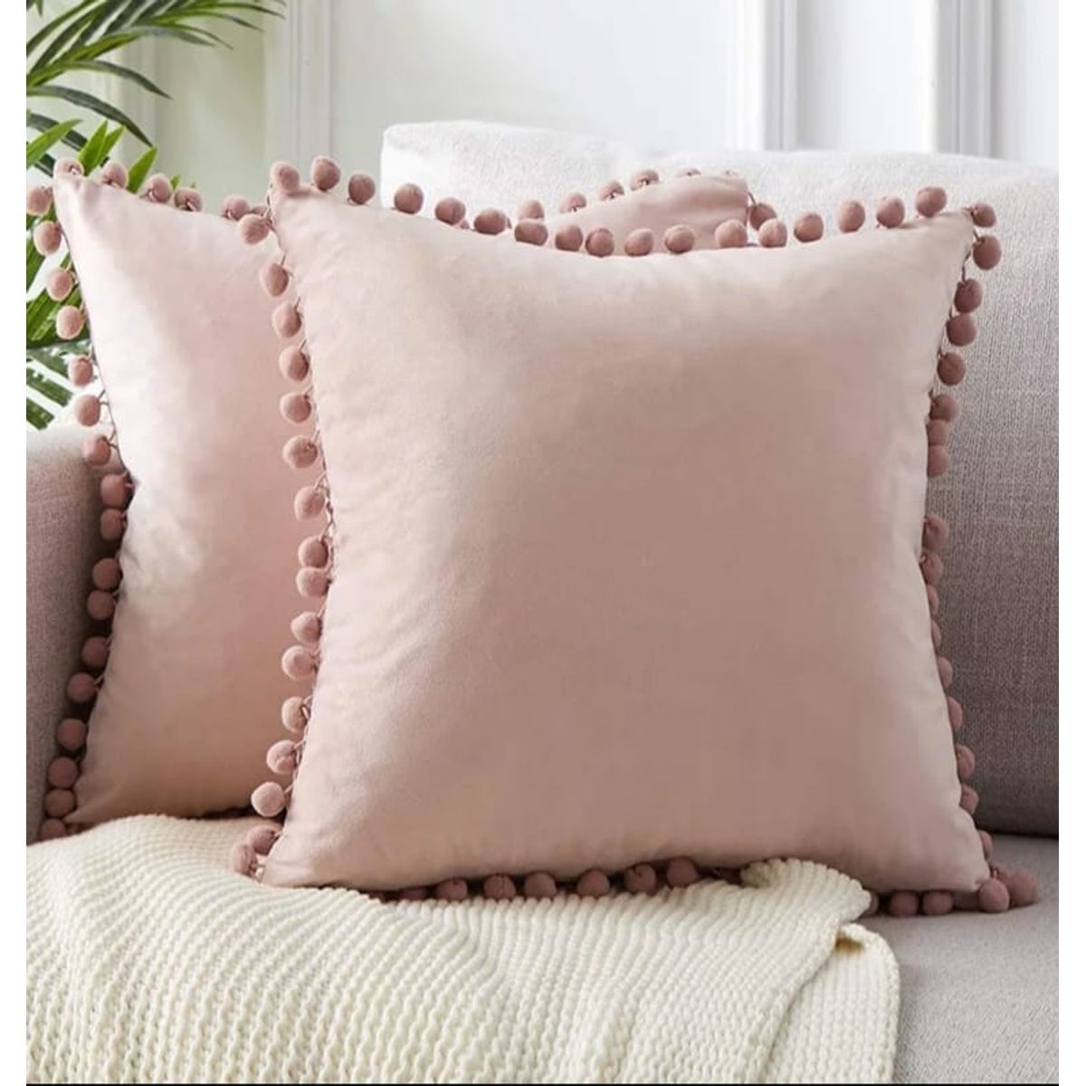 GENERICO - Fundas de cojín con pompones 45 x 45 cm - Palo rosa pack dos