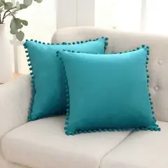 GENERICO - Fundas de cojín con pompones 45 x 45 cm -Turquesa,pack dos