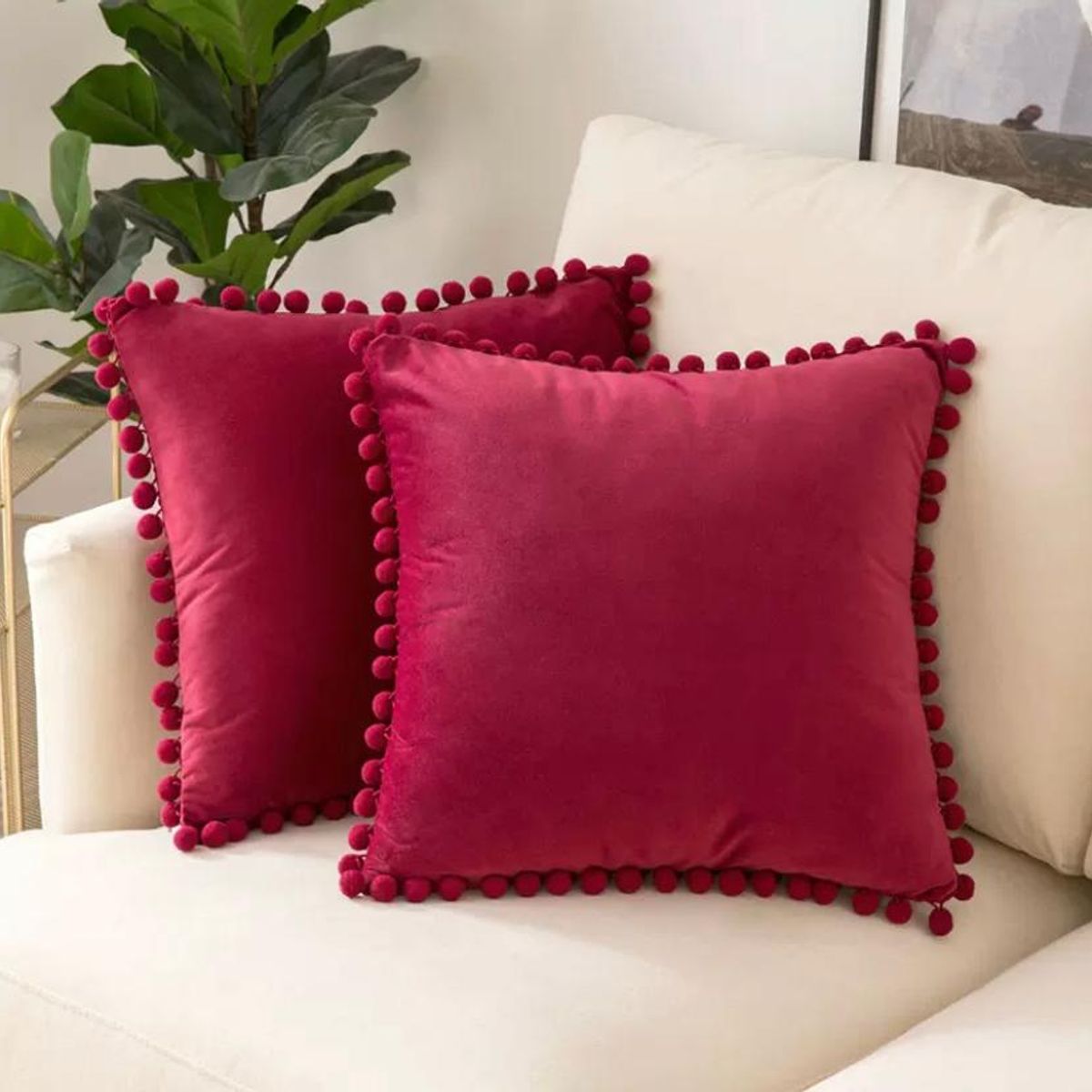 GENERICO - Funda de cojín con pompones 45 x 45 - rojo, Pack dos