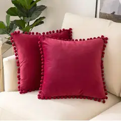 GENERICO - Funda de cojín con pompones 45 x 45 - rojo, Pack dos