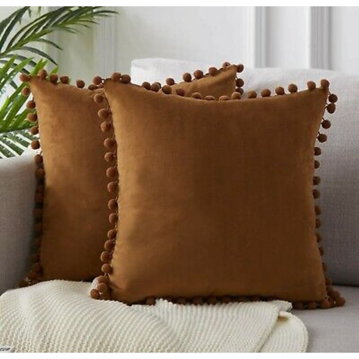 GENERICO - Fundas de cojín con pompones 45 x 45 cm -Cafe,pack dos