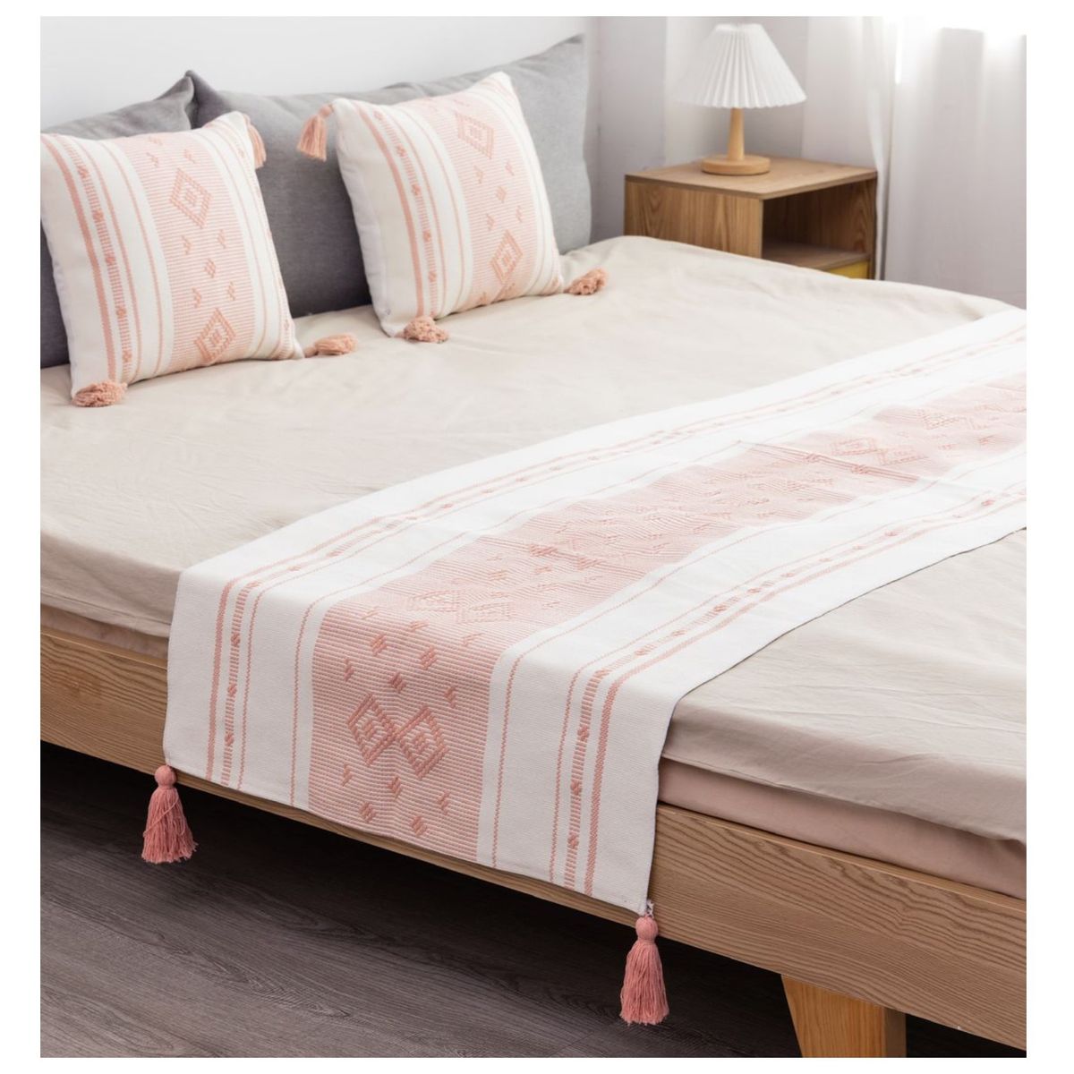 COMPRAPO - Set Piecera Étnico Tejida 210x70 y 2 Fundas 45x45 King o 2Pzas. Rosa